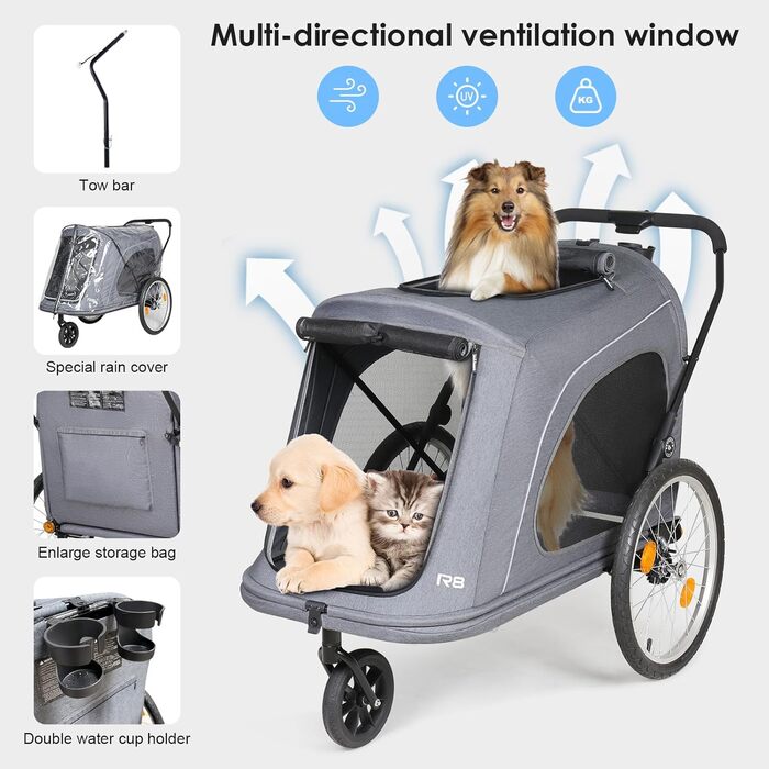 Beberoad 2-в-1 Причіп для собак на велосипед та візок, складаний, до 45 кг, R8 (Чорний/Сірий)