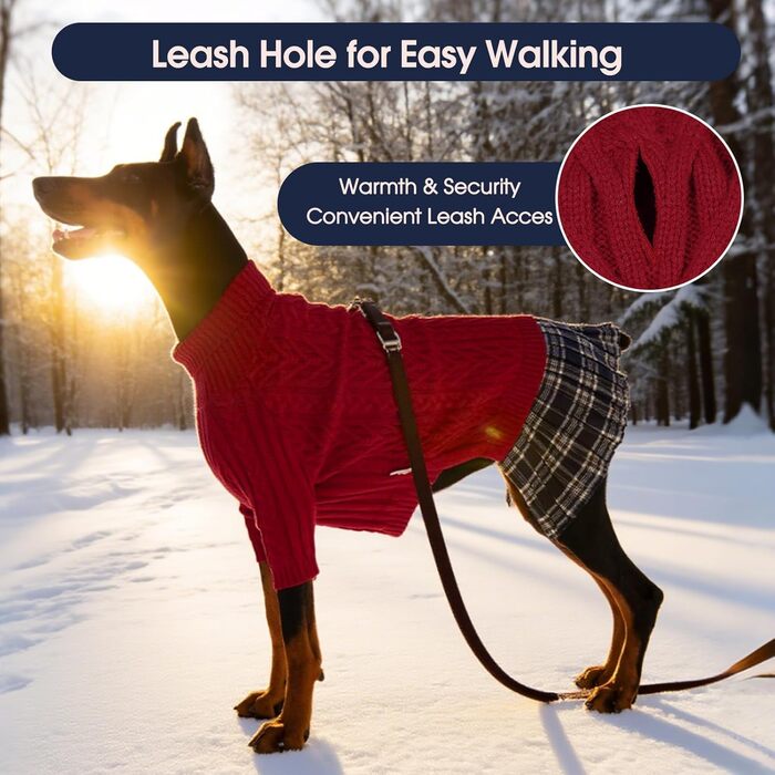 Теплий зимовий пуловер для собак великих порід IECOii з діркою для повідка, червоний, XXXL (80 см)