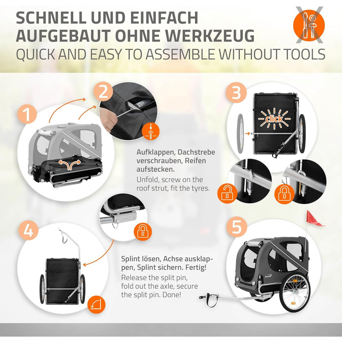 Фаркоп-причіп для велосипеда Hauki 2-в-1: для собак та дітей, сірий, 130x72x90 см, до 40 кг, з відбивачами, мотузкою та прапорцем