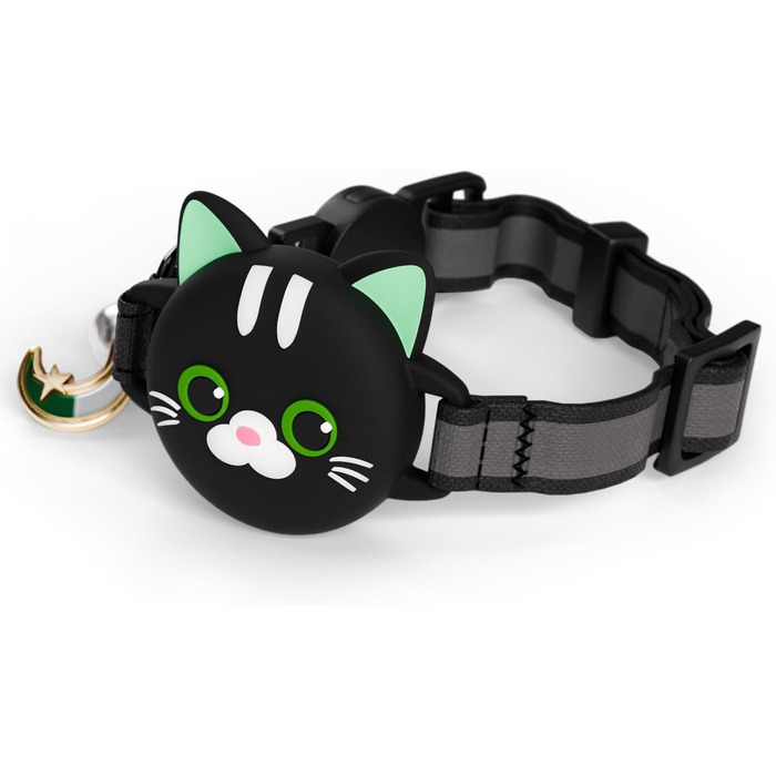 Нашийник для кота KittyTag з аксесуарами, сумісний з Apple Airtag, світловідбиваючий та світовий, GPS, захист від задушення, регульований (Чорний)