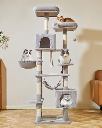 Котячий комплекс Taoqimiao 180 см, багаторівневий, з когтеточками, будиночком, лежанкою, гамаком, для домашніх котів, світло-сірий