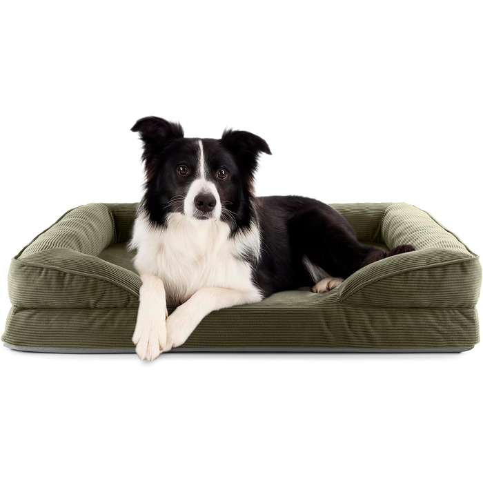 Ортопедичне ліжко для собак Lumaland з корду | Ергономічне собаче ліжко-софа 90x65 см - для середніх собак | Нековзне дно | Зручна наповнювач та знімний чохол | Ліжко-кошик для собак з Memory Foam Cord - Оливковий 90 x 65 см - M