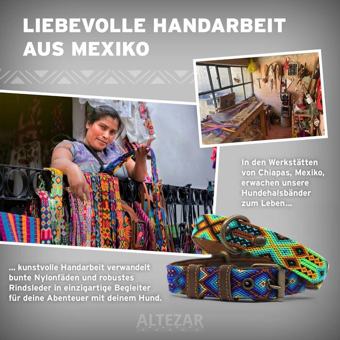 Шкіряний нашийник для собак ALTEZAR, коричнева яловича шкіра, вишивка у стилі трайбл, синьо-коричнево-бежевий, ручна робота з Мексики, розмір S, для маленьких собак