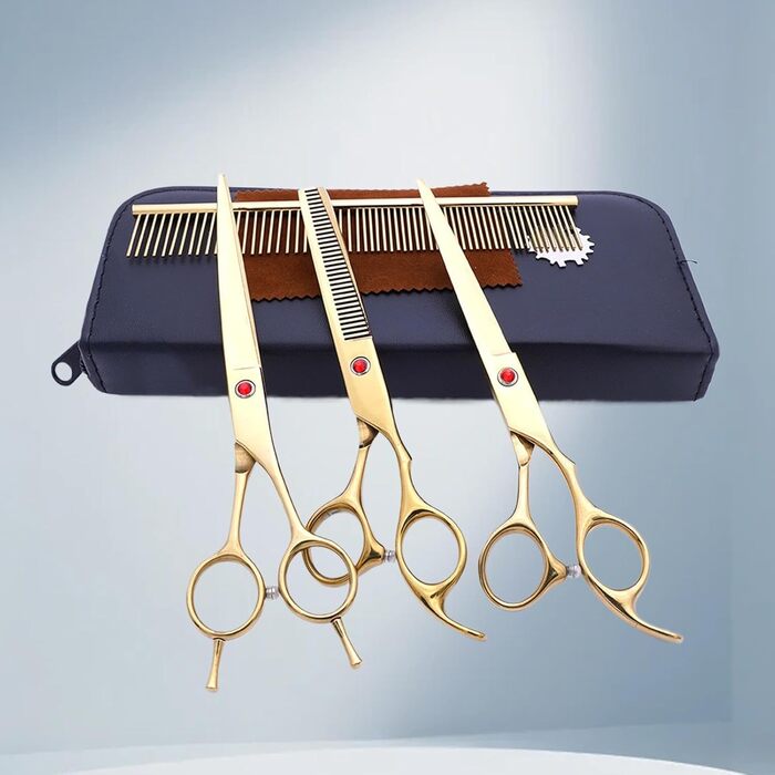 Набір професійних ножиць для грумінгу собак (7 шт.) | З нержавіючої сталі | Ножиці для догляду за тваринами [Золотий]