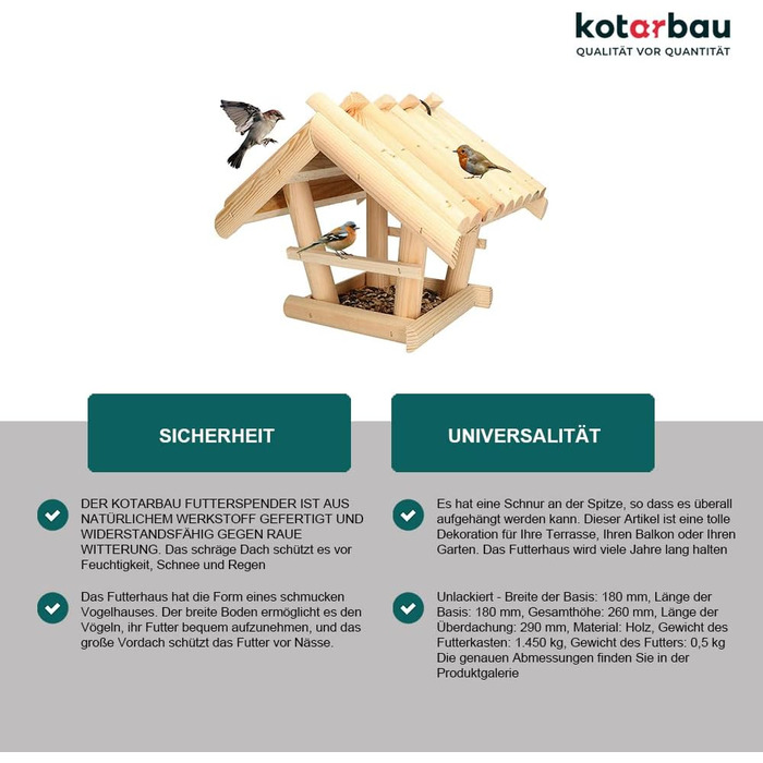 KOTARBAU® Годівниця для птахів з натурального дерева, маленька, без покриття, для підвішування, у комплекті 0,5 кг корму