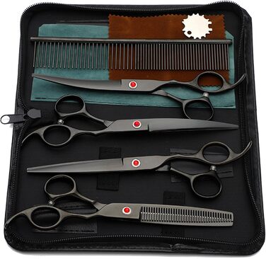 Набір професійних ножиць для грумінгу собак та котів 7.0 дюймів (5-в-1), нержавіюча сталь 440C, з витончувальним ножем, вигнутими та прямими ножицями, гребінцем для шерсті