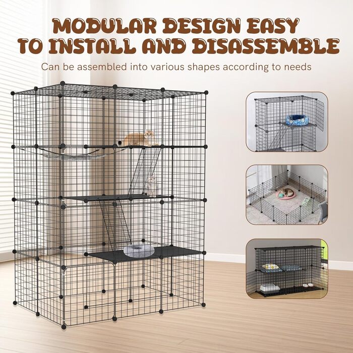 Металевий вольєр для котів UISEBRT для вулиці та дому, 3-ярусний, з піддоном, 2 сходами та 3 дверцятами, DIY вольєр для тренувань, відпочинку або як зовнішній вольєр (4 рівні)