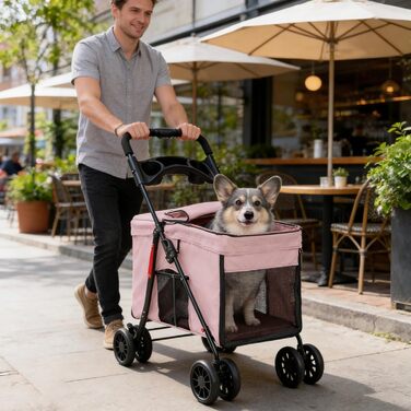 Дитяча коляска для тварин Homewell, рожева, до 20 кг, з сіткою, ременями та тримачем для напоїв