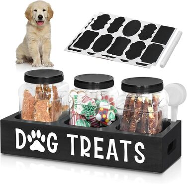 Контейнер для ласощів для собак Niciksty, дерев'яний контейнер для корму з 3 скляними банками, контейнер для корму для собак та котів, чорний