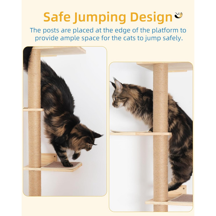 Багатоярусна кігтеточка-стінка для котів з 5 сходами, 5-ярусні полиці для відпочинку та ігри, з міцними кігтеточковими стовпчиками, з антиковзними килимками, для великих котів