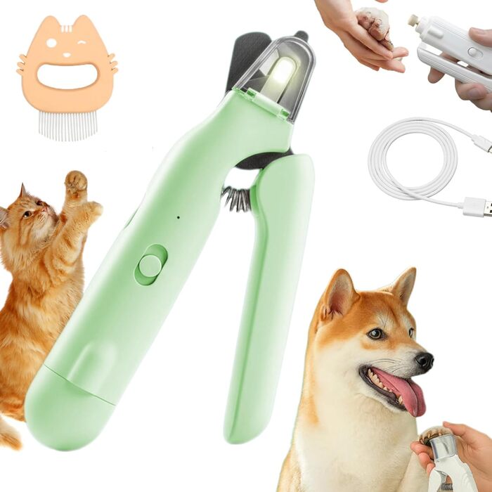 Триммер для когтів домашніх тварин 2-в-1 з підсвічуванням, для собак та котів, безпечний та тихий, вбудований шліфувальник (GREEN)