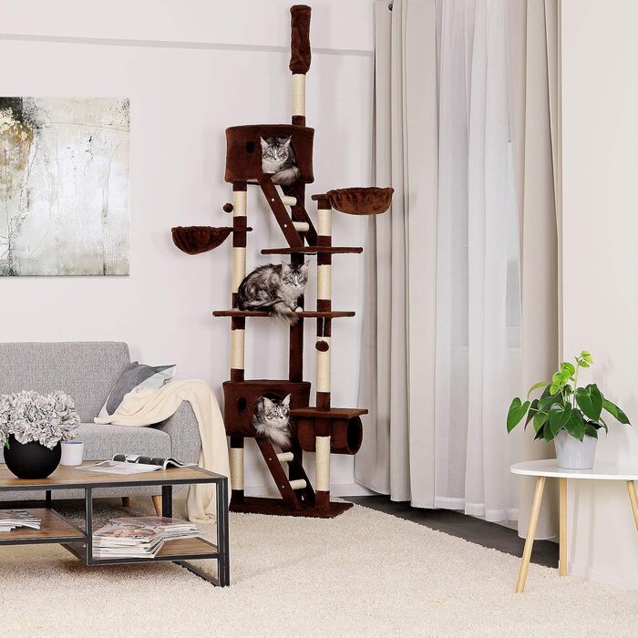 Драбина для котів Lionto XXL з сизалю та плюшу, 230-250 см. Комплектація: іграшкові м'ячики, дзвіночки, гамак, тунель, печера. Підходить для котів будь-якого розміру, колір: коричневий