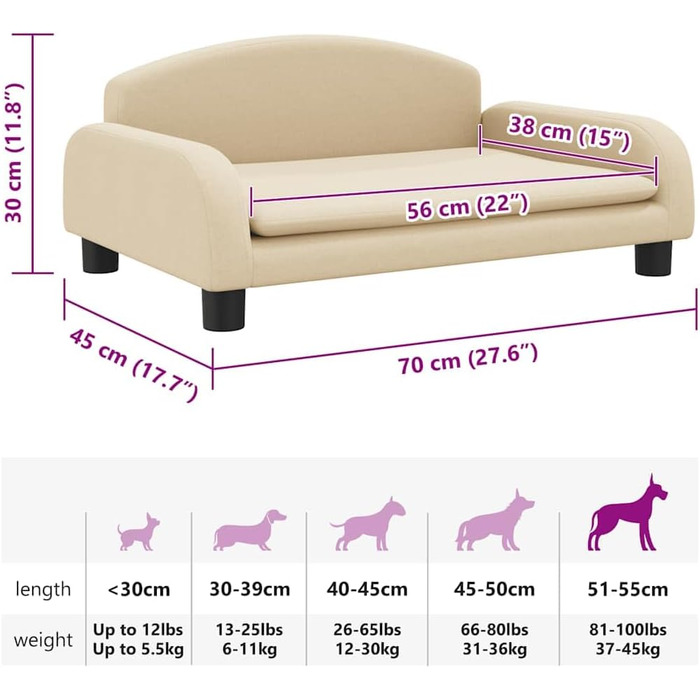 Крісло-ліжко для собак, м'яке ліжко для собак, лежанка для тварин, лежанка для котів, кремовий колір, 70 x 45 x 30 см