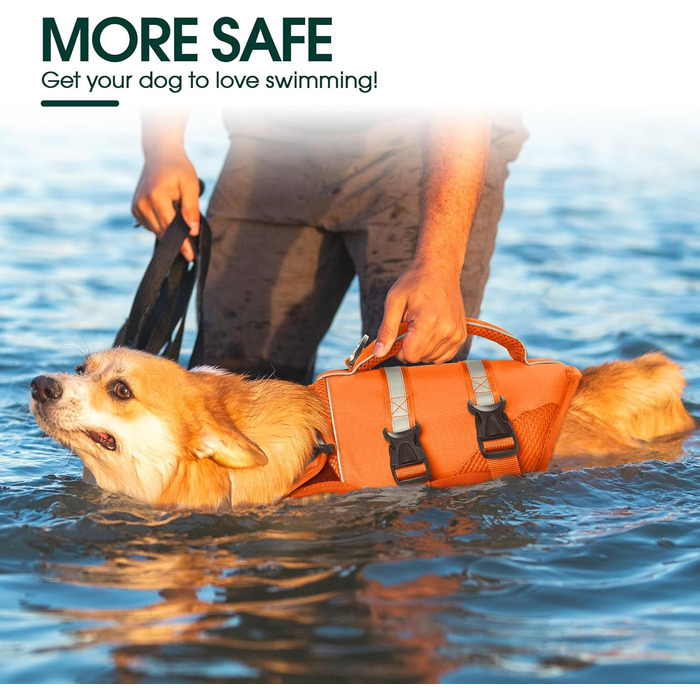 Спасальний жилет для собак Kuoser великого розміру з ручкою та світловідбиваючими елементами, регульований, посилений, для великих собак, помаранчевий (S)