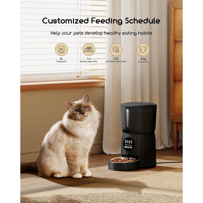 Автомат годівлі для котів Faroro 4L, програмований, з контролем порцій, 10 сек. голосових повідомлень, чорний