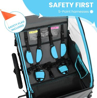 Дитячий велопричіп Sepnine для 2 дітей, від 12 місяців, з 5-точковим ременем та сумками, синій BT609