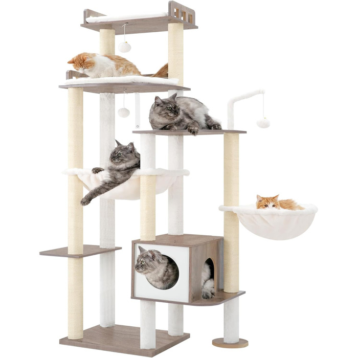 Дерев'яний когтеточка Heybly Kratzbaum 179 см з будиночком та гамаком, HCT121WB (Вінтаж-Сірий)