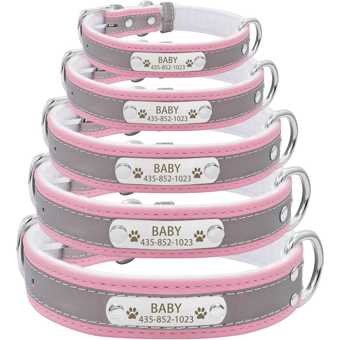 Персоналізоване світловідбиваюче нашийник та поводок для собак Senristar з гравіюванням, для малих, середніх та великих собак та котів (M, ширина 2,0 см, обхват шиї 28-36 см), рожевий комплект