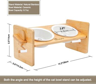 Підвищуюча миска для корму для собак та котів з кераміки з бамбуковим підставкою, нахилена платформа для котів та маленьких собак 36*14.2