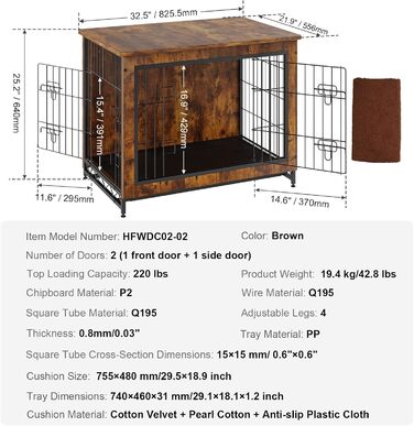 VEVOR Клітка для собак 83x56x64 см з P2 та Q195, меблевий стиль, 2 двері, піддон і подушка, дротовий вольєр для домашніх тварин