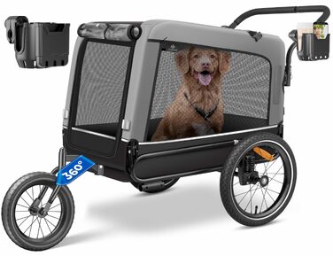 Універсальний візок для собак 3-в-1 KESSER Boxer: собачий buggy, джоггер та велосипедний причіп, об'єм 240 л, амортизація, колесо 360°, тканина 600D Oxford, до 40 кг, сірий