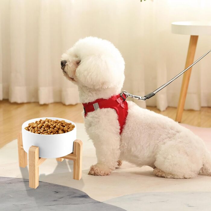 Набір керамічних мисок для собак Oungy 2 шт. з підставкою з бамбука, антиковзаючі, 850 мл, білі. Підходять для собак та котів