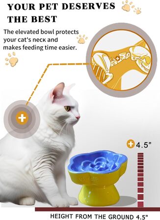 Миска для повільного годування домашніх тварин, керамічна, піднята та нахилена, для котів та маленьких собак, запобігає блювоті та удушенню (Рожева, Блакитна)