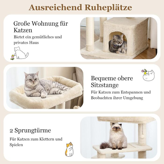 Дерев'яний кігтеточка для котів Costway 85 см з будиночком, м'яким сидінням та іграшкою, бежевий