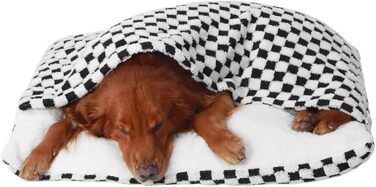 Спальник для собак з дахом, затишна лежанка-будиночок, теплий зимовий плюшевий спальник з капюшоном, ліжко для котів з знімним дахом, диванчик для собак маленьких та середніх порід (50x40x18см, квадратний орнамент)