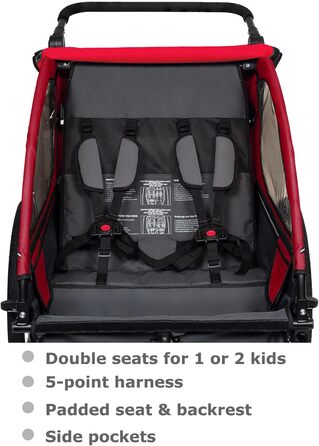 Дитячий велопричіп Tiggo VS 2в1 з амортизацією та поворотним з'єднанням 360° - для 1-2 дітей (до 40 кг), червоний