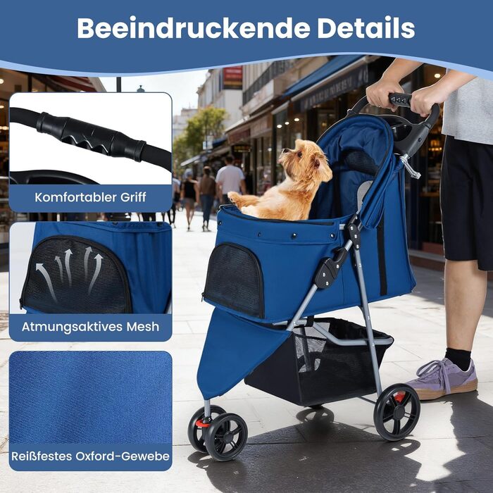 Візок для собак та котів COSTWAY, складна конструкція, до 15 кг, 3 колеса, з м'яким сидінням, регульованим козирком, ручкою, сітковими віконцями та кошиком, блакитний