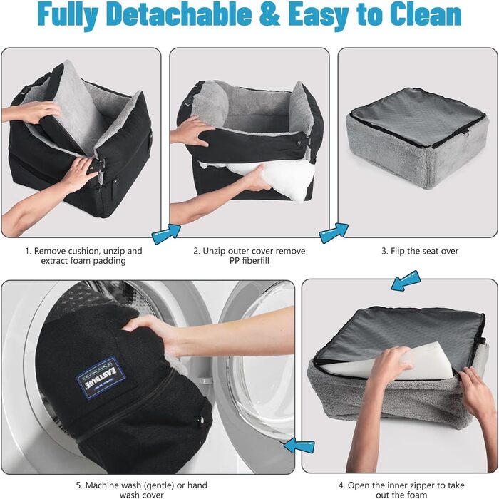 Автокрісло для собак EASTBLUE Medium, чорний/сірий, для собак до 15.9 кг, з пам'яті піною, безпечним ременем та 2 подушками