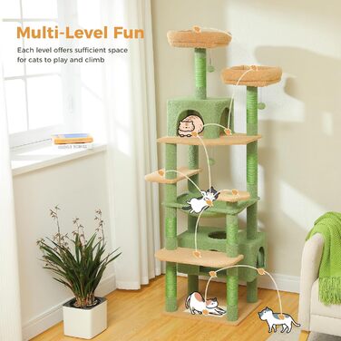 PAWZ Road Дряпка для котів велика, стабільна, 184 см, 7 стовпчиків, велика платформа, кошики, для дому, зелена