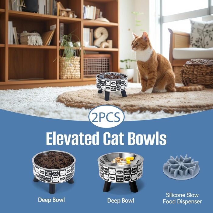 Набір мисок для котів з повільним годуванням (2 шт.), широкі, з нержавіючої сталі, пластикова підставка, силікон, повільний годівник, зручні для котів, годівниця для води та корму, станція годування для котів