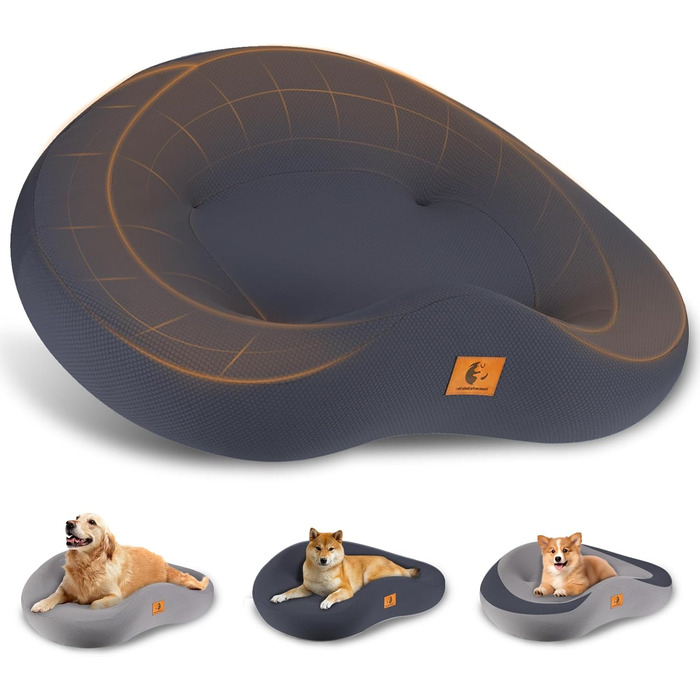 Ортопедичні лежанки для собак великих та середніх порід, 22,9 см товщиною, з чистого пінополіуретану Memory Foam, зі знімним, пральним чохлом, водонепроникна лежанка, для домашніх тварин, щільність 60D, KAUFEST, сірий темний