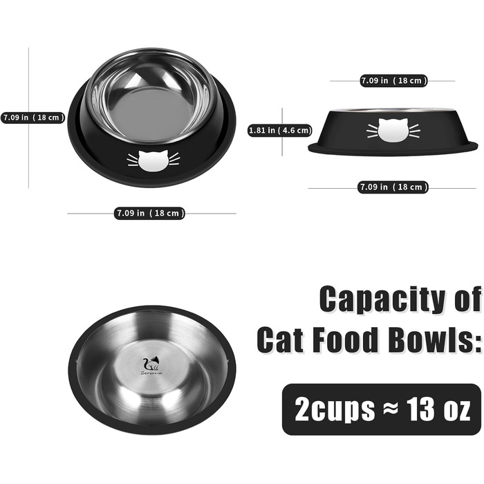 Набори мисок для котів Serentive з нержавіючої сталі (2 шт.), антиковзні, для маленьких котів, міцні, 380 мл, знімні гумові основи, легко миються, чорний та сірий кольори