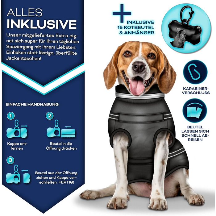 Зимовий одяг для собак TRESKO® з відбивачами, 15 шт. пакетів для екскрементів + диспенсер | Дощовик для собак, водонепроникний | Жилет для собак з отвором для шлейки | Утеплений зимовий жилет для собак (S, Чорний)