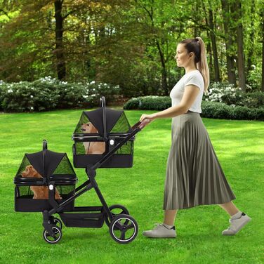 Складаний двоярусний візок для собак та котів до 22 кг, з сітчастими віконцями, тримачем для напоїв та місцем для зберігання. Ідеально для двох маленьких собак або котів. Легкий та зручний двошаровий візок.