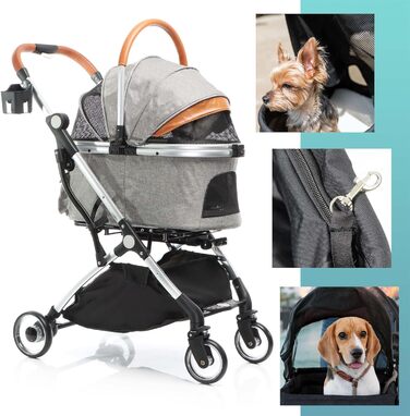 Візок для собак Fudajo 2в1, розкладний, з сумкою-переноскою для собак та котів (сірий, до 15 кг)