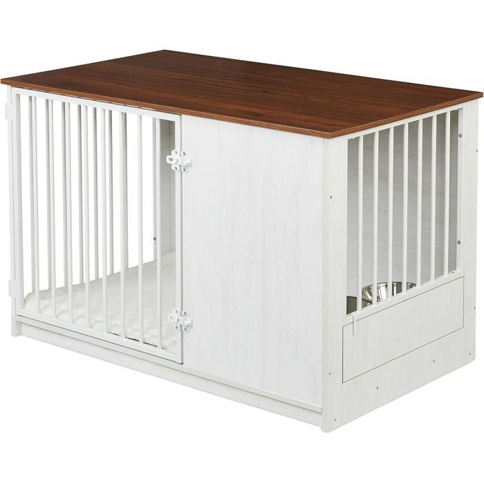 Клітка для собак Relaxdays, для дому, HBT: 65,5x102x60 см, 2 обертові миски, собача будка з виглядом дерева, МДФ & сталь, (білий/коричневий)