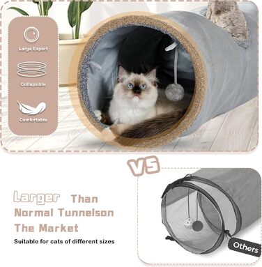 Туннель для котів Mymai з м'якого велюру, інтерактивний шуршачий тунель з 2 іграшками, для кошенят, кроликів та інших дрібних тварин (Хакі, B)