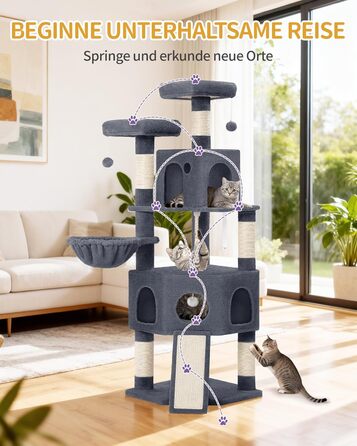Кігтеточка для котів Hzuaneri, 174 см, XL, 2 платформи, 2 печери, 4 стовпчики, дошка для заточування кігтів, мотузка з сизалю, плюшеві кульки, для багатокотових сімей, MS17418LG (Темно-сірий)