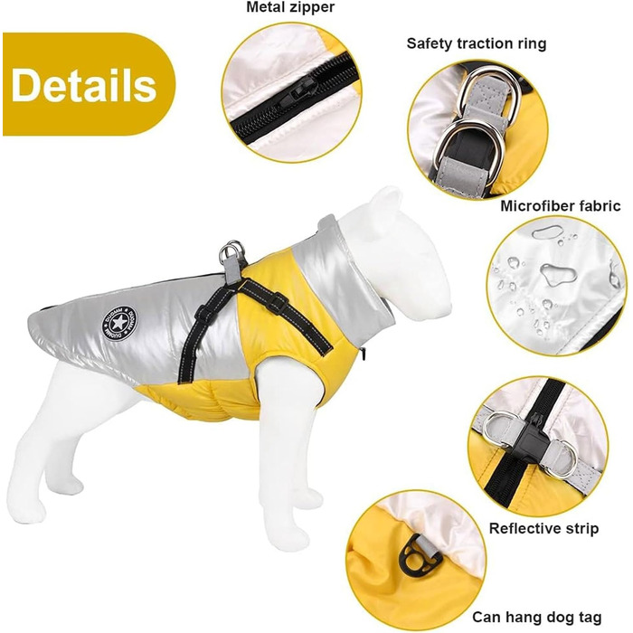 Водонепроникна куртка для собак на зиму, тепла жилетка для собак з шлейкою, куртка від дощу та вітру для собак, світловідбиваюча жилетка для собак, куртка для собак Kates для великих собак (Колір: Бульдог, Бульдог (L, Жовтий))