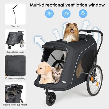 Beberoad 2-в-1 Причіп для собак на велосипед та візок, складаний, до 45 кг, R8 (Чорний)