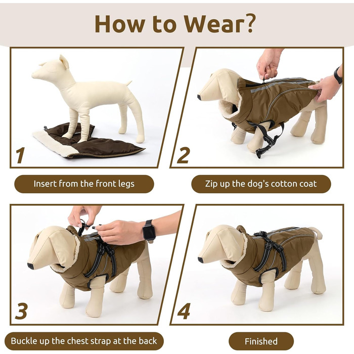 Теплий зимовий одяг для собак: куртка з блискавкою, вітрозахисна, з відбиваючими смугами та нагрудником, коричнева, XL