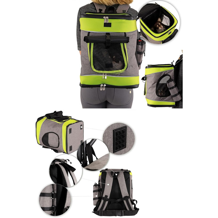 Сумка-рюкзак для кота Lionto, сіро-зелений, 34x30x42 см, водонепроникна, з кишенею для пляшки та подушкою, до 10 кг