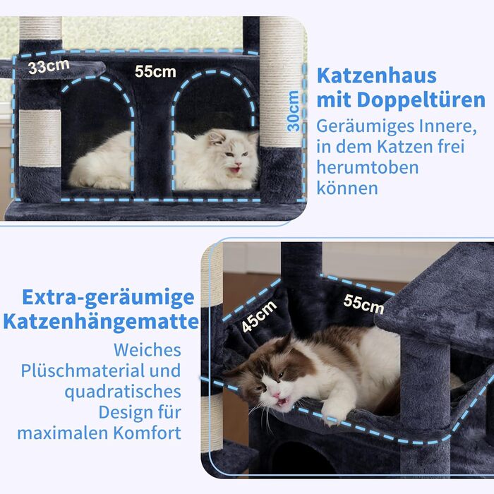 Драбина-будинок для котів Heybly HCT038W (Сірий) - 202 см з 2 платформами, будиночком, гамаком та сизалевим стовпом