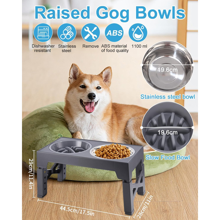 Підвищена годівниця для собак Тоарен, 2 миски з нержавіючої сталі, регульована висота, для великих, середніх та маленьких собак