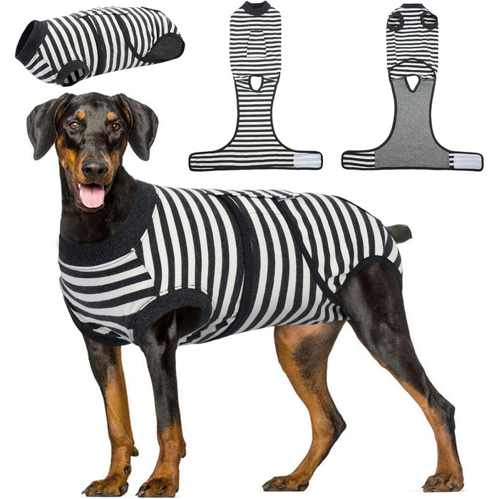 Комбінезон для собак після операції Kuoser, сірий у смужку, L (обхват грудей 59-70 см, обхват шиї 41-51 см)
