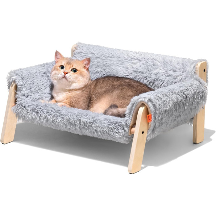 Підвищене дерев'яне котяче ліжко MEWOOFUN, 56x45 см, міцний великий котячий диван, модний стілець для котів із знімним чохлом, витримує до 10 кг, сірий